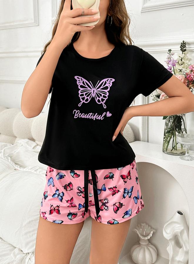 Take Two Black Butterfly Print T-Shirt and Shorts Set - Image 3