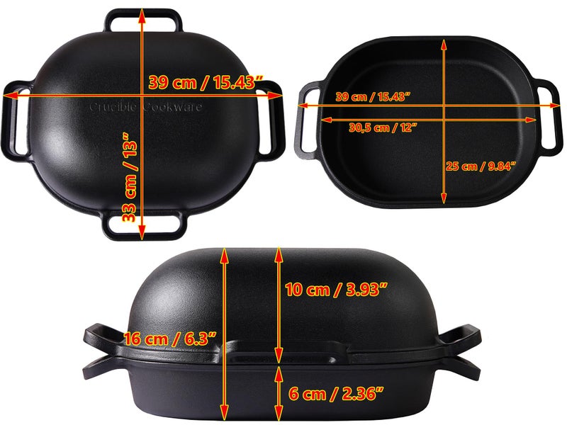 Crucible Cookware وعاء طهي كروسيبل كبير جداً من الحديد الزهر لصنع الخبز الحرفي مع 6 مقابض حلقة وغطاء عميق للخبز بالبخار - Image 2