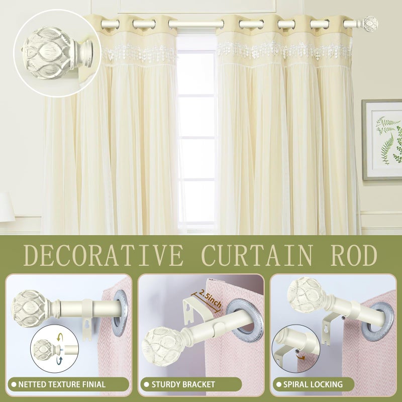 TANGWIN White Farmhouse Curtain Rods for Windows:36-88" Heavy Duty Adjustable Curtain Rod for Bedroom Living Room,Boho Decorative Rustic Drapery Rods with Vintage Coastal Texture Finials,Antique White - Image 2
