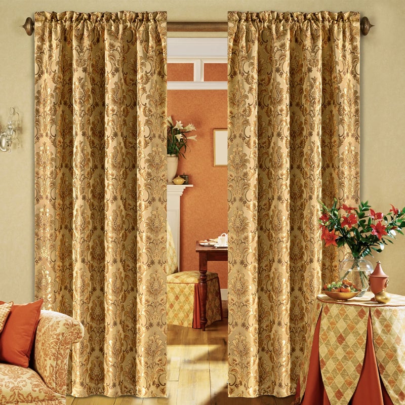 Loom and Mill Luxury Damask Curtains for Living Room Golden Floral Thick Jacquard Window Treatment with Tiebacks for Bedroom Christmas Party Banquet Decorations 2 Panels 52 x 84 Inch Yellow