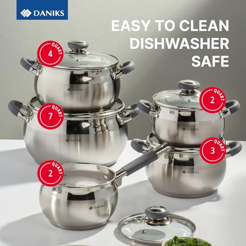 Daniks Modern 10-Piece Stainless Steel Cookware Set with Glass Lids, Includes Saucepan, Tri-Ply Bases for Even Heating, Induction Compatible, Dishwasher Safe, Heatproof Handles - Image 2