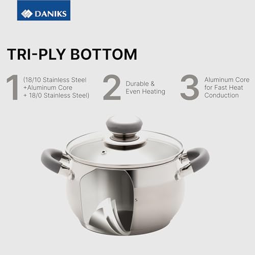 Daniks Modern 10-Piece Stainless Steel Cookware Set with Glass Lids, Includes Saucepan, Tri-Ply Bases for Even Heating, Induction Compatible, Dishwasher Safe, Heatproof Handles - Image 5