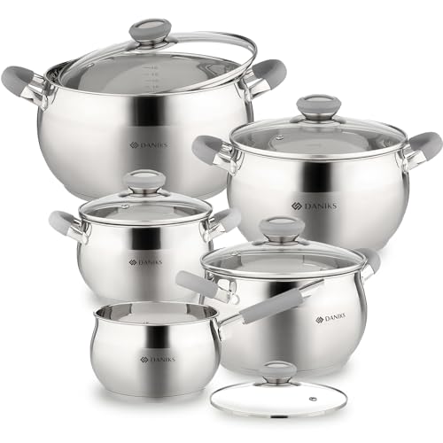 Daniks Modern 10-Piece Stainless Steel Cookware Set with Glass Lids, Includes Saucepan, Tri-Ply Bases for Even Heating, Induction Compatible, Dishwasher Safe, Heatproof Handles - Image 1
