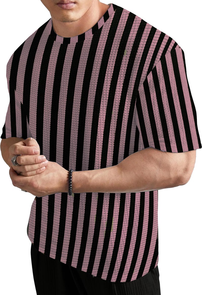 KAJARU Men's Striped Waffle Pattern T-Shirt, Round Neck (in, Alpha, XL, Regular, ONIONPINK) - Image 1