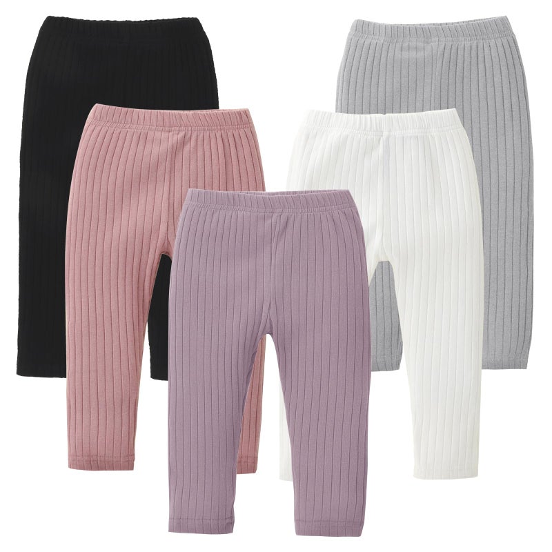 DREAM BUS 5 Pack Toddler Girl Pants Baby Girl Solid Ribbed Pants Toddler Girls Bottoms Leggings Newborn Cotton Jogger - Image 1