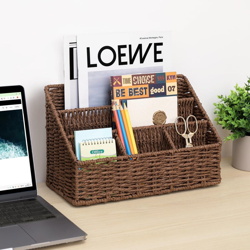 DINGTAI Rattan Desk Organizer, Tabletop Mail Holder, 5 Slot Mail Organizer Countertop Basket, Rattan Office Supplies, Boho Office Desk Accessories, Wicker Desk Organizer, Magazine Holderï¼ˆBrownï¼‰ - Image 2