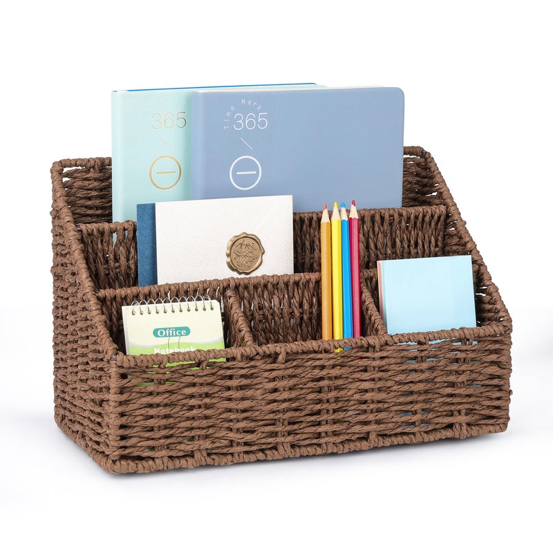 DINGTAI Rattan Desk Organizer, Tabletop Mail Holder, 5 Slot Mail Organizer Countertop Basket, Rattan Office Supplies, Boho Office Desk Accessories, Wicker Desk Organizer, Magazine Holderï¼ˆBrownï¼‰ - Image 1