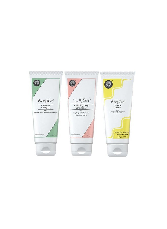 Fix My Curls - 3 Step Curl Defining Bundle | Cleansing Shampoo, Hydrating Deep Conditioner & Leave In Cream | For Curly, Wavy & Frizzy Hair | Sulphate & Silicone Free | Curl Defining Kit (50Gm Each) - Image 1