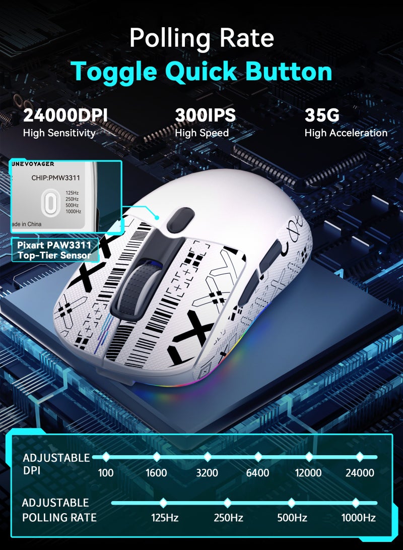 مسافر الكثبان فأرة قيمنق لاسلكية SE2 ثلاثية الأوضاع مع قاعدة شحن مغناطيسية، ماوس ألعاب خفيف الوزن مضاد للانزلاق، مزود بمستشعر PixArt PAW3311، دقة 24000 DPI ومعدل استجابة 1000Hz، يدعم البلوتوث / 2.4G / USB-C، متوافق مع PS4 / PS5 / PC / Xbox، مع برنامج مخصص للتحكم الكامل. - Image 3