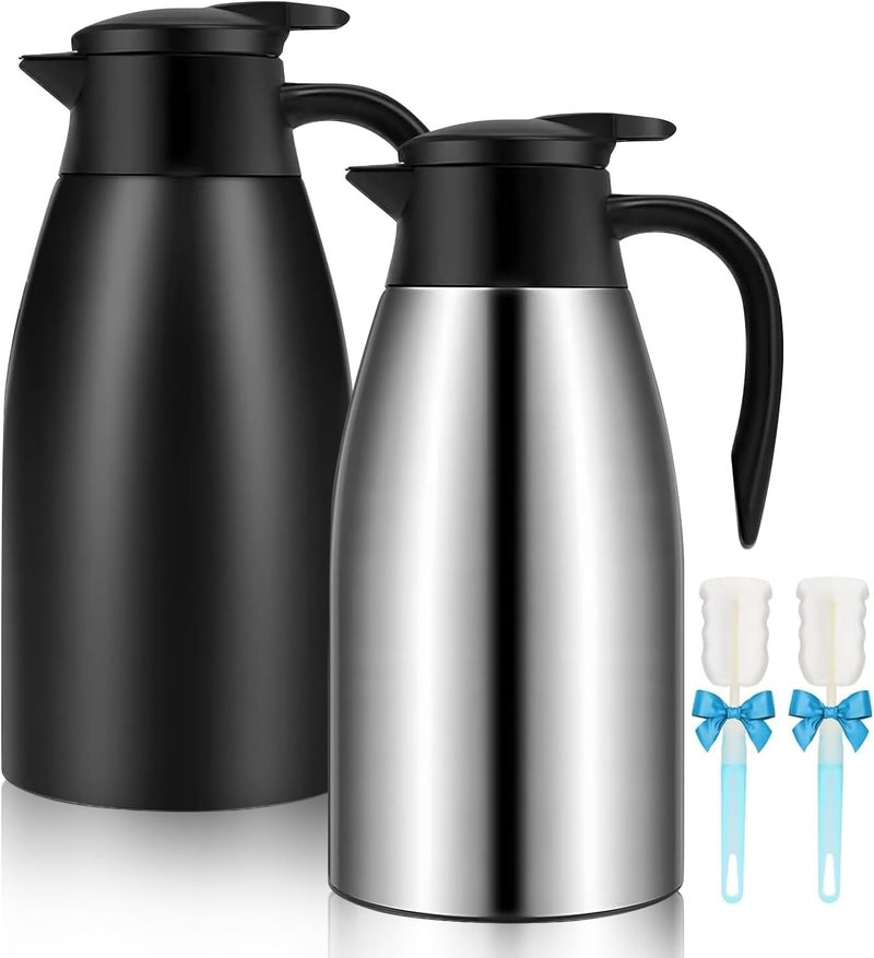 GearRoot 68oz Thermal Coffee Carafe, 2 Pack Airpot Insulated Coffee Urn Stainless Steel Vacuum Thermal Pitchers for Coffee, Hot Water, Tea, Beverage - Keep 12 Hours Hot, 24 Hours Cold (Silver, Matte Black) - Image 1