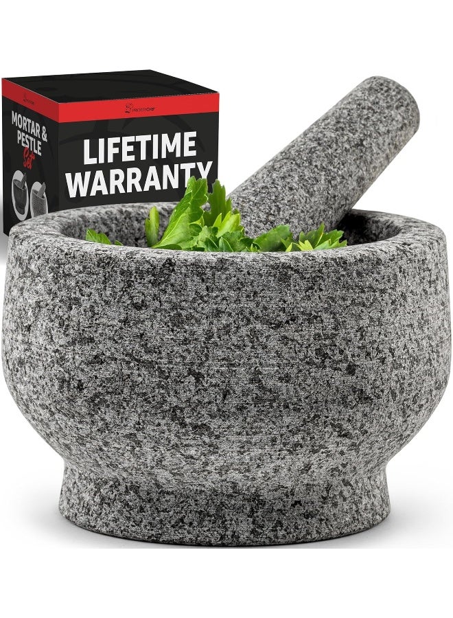 PriorityChef Heavy Duty Natural Granite Extra Large Mortar and Pestle Set, Hand Carved, Make Fresh Guacamole at Home, Solid Stone Grinder Bowl, Herb Crusher, Spice Grinder, 7" Wide, 4 Cup, Grey  - Image 1