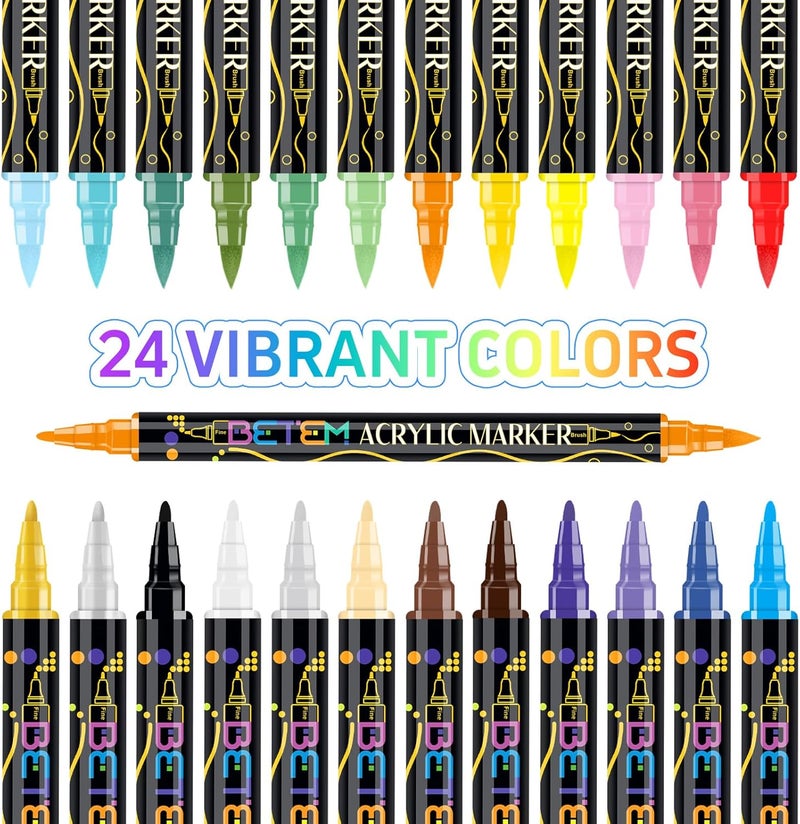 Betem Acrylic Paint Markers, Dual Tip 24 Colors Acrylic Paint Pens with Brush Tip and Fine Point, Art Supplies for Rock, Wood, Canvas, Stone, Glass, Ceramic, Rock Painting Christmas Gift - Image 4