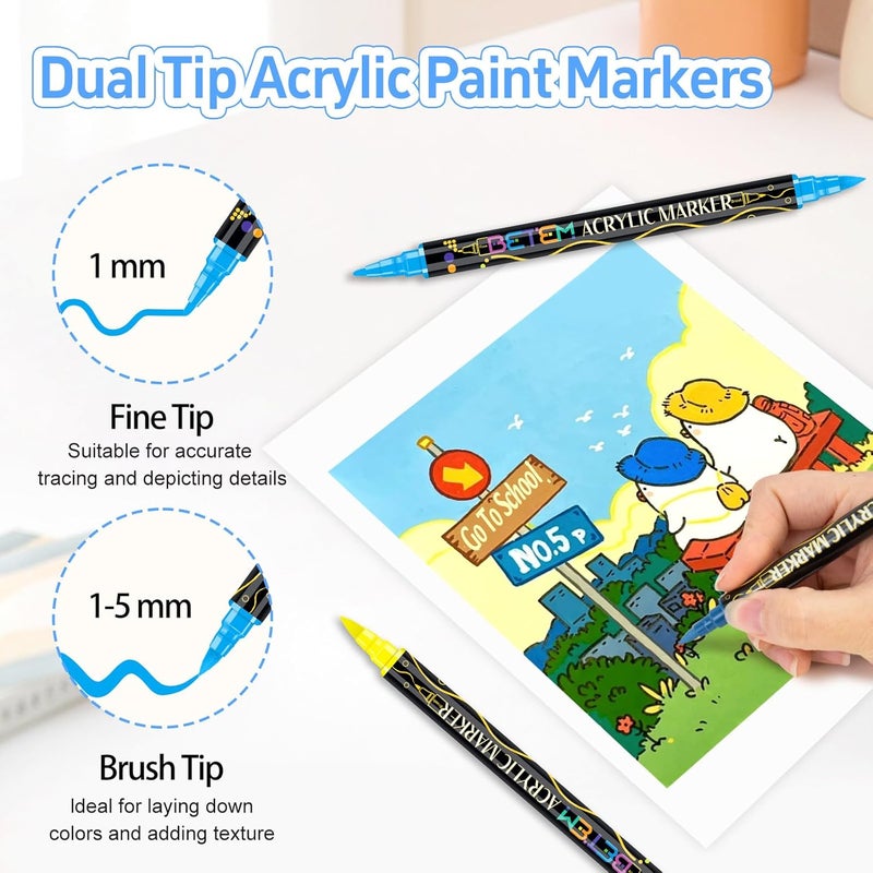 Betem Acrylic Paint Markers, Dual Tip 24 Colors Acrylic Paint Pens with Brush Tip and Fine Point, Art Supplies for Rock, Wood, Canvas, Stone, Glass, Ceramic, Rock Painting Christmas Gift - Image 2