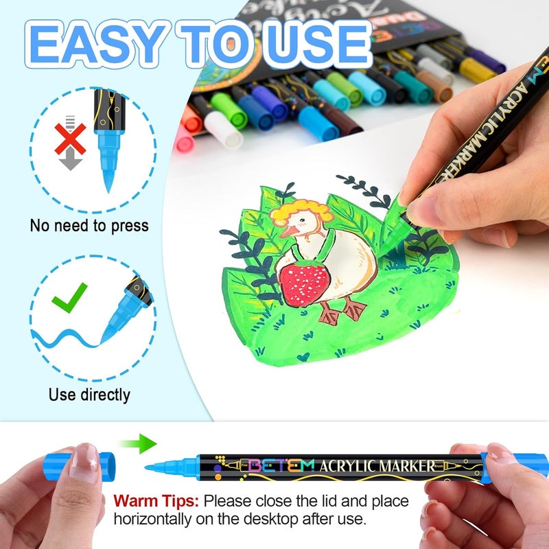 Betem Acrylic Paint Markers, Dual Tip 24 Colors Acrylic Paint Pens with Brush Tip and Fine Point, Art Supplies for Rock, Wood, Canvas, Stone, Glass, Ceramic, Rock Painting Christmas Gift - Image 3