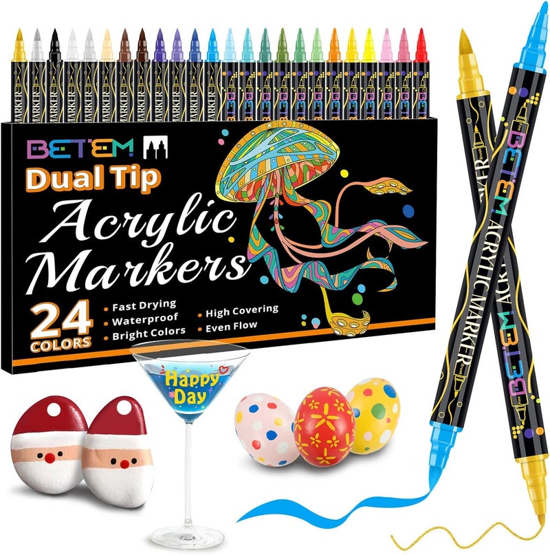 Betem Acrylic Paint Markers, Dual Tip 24 Colors Acrylic Paint Pens with Brush Tip and Fine Point, Art Supplies for Rock, Wood, Canvas, Stone, Glass, Ceramic, Rock Painting Christmas Gift - Image 1