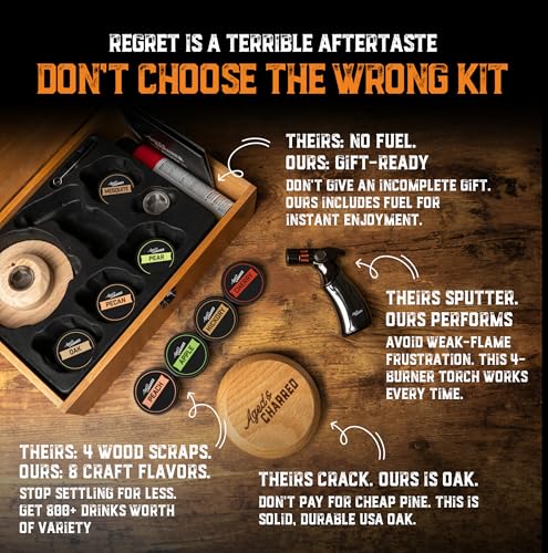 Aged & Charred Whiskey Cocktail Smoker Kit with Torch & 8 Flavors Wood Chips - Premium USA Oak Smoker - Old Fashioned Smoker Kit - Bourbon Gifts for Men (with Butane) - Image 2
