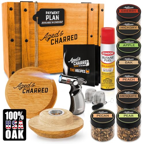 Aged & Charred Whiskey Cocktail Smoker Kit with Torch & 8 Flavors Wood Chips - Premium USA Oak Smoker - Old Fashioned Smoker Kit - Bourbon Gifts for Men (with Butane) - Image 1