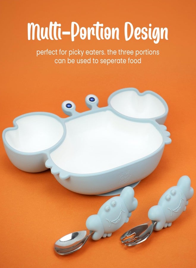 Starkiddo® Cute Crab Silicone Suction Plate for Babies & Toddlers | Premium Cartoon Baby Feeding Set | Baby-Led Self Feeding Training Divider Plate with Easy Grip Handle Spoon & Fork (Light Blue) - Image 5