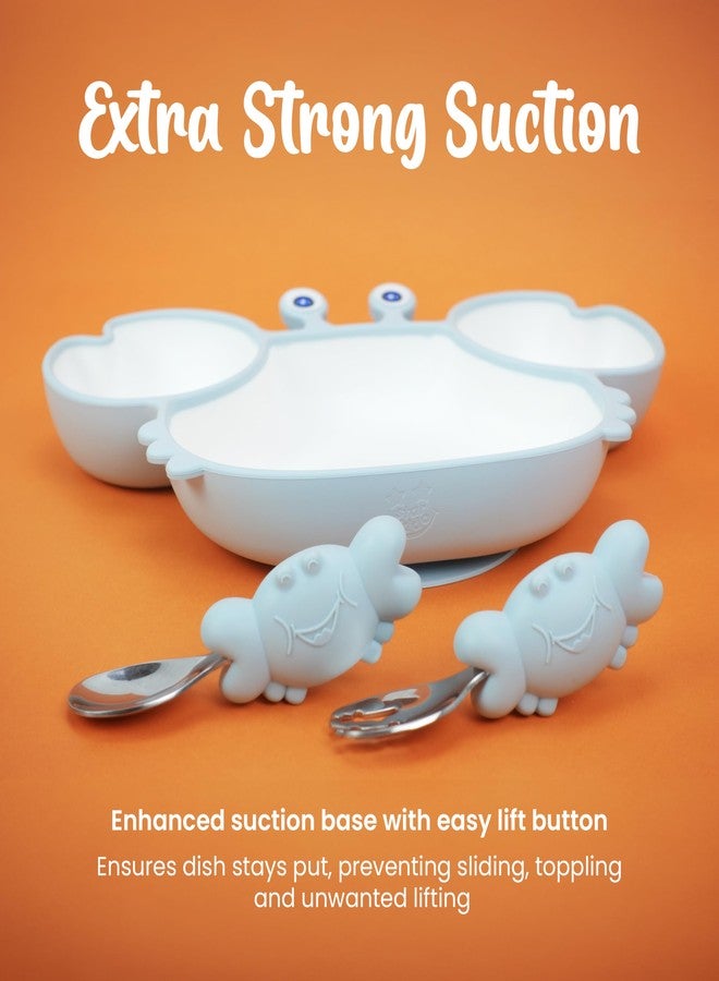 Starkiddo® Cute Crab Silicone Suction Plate for Babies & Toddlers | Premium Cartoon Baby Feeding Set | Baby-Led Self Feeding Training Divider Plate with Easy Grip Handle Spoon & Fork (Light Blue) - Image 3