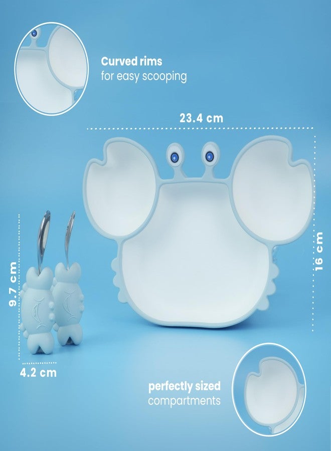 Starkiddo® Cute Crab Silicone Suction Plate for Babies & Toddlers | Premium Cartoon Baby Feeding Set | Baby-Led Self Feeding Training Divider Plate with Easy Grip Handle Spoon & Fork (Light Blue) - Image 2