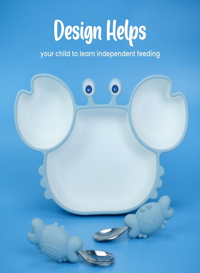 Starkiddo® Cute Crab Silicone Suction Plate for Babies & Toddlers | Premium Cartoon Baby Feeding Set | Baby-Led Self Feeding Training Divider Plate with Easy Grip Handle Spoon & Fork (Light Blue) - Image 4