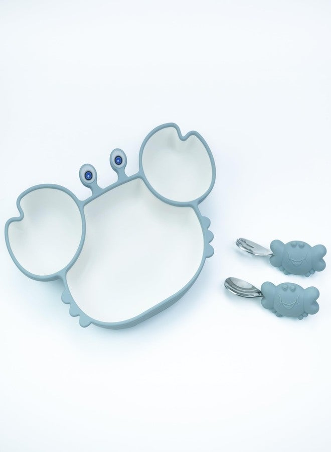 Starkiddo® Cute Crab Silicone Suction Plate for Babies & Toddlers | Premium Cartoon Baby Feeding Set | Baby-Led Self Feeding Training Divider Plate with Easy Grip Handle Spoon & Fork (Light Blue) - Image 1