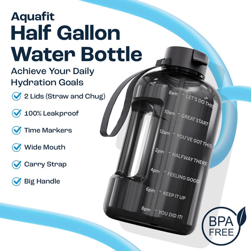 AQUAFIT Half Gallon Water Bottle with Time Marker - Straw & Chug Lid - BPA Free Gym Water Bottle with Straw - Big Gallon Jug (Blue Skies, 64 oz - 2 Lids) - Image 2
