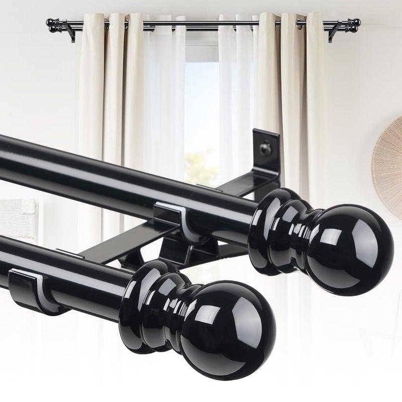CALCHELE Double Curtain Rods for windows, 1 Inch Diameter double rod curtain rods Heavy Duty Decorative Drapery Rod for Windows 28 to 60 Inch Black - Image 1