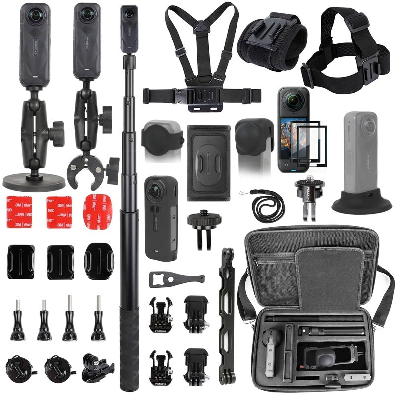 PellKing Accessories Kit for insta360 X5,Included Carrying Case with Belt,2 Pcs Metal 1/4" Adapter,Handlebar Clamp,Magnetic Mount,43in Selfie Stick,Chest Strap,Head Strap,Backpack Mount,and Others - Image 1