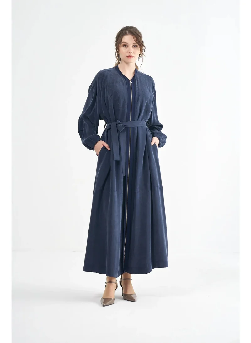 MissWhence  Textured Zip-Front Maxi Coat - Navy for Women | Best Price UAE