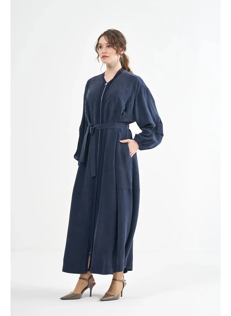 MissWhence  Textured Zip-Front Maxi Coat - Navy for Women | Best Price UAE