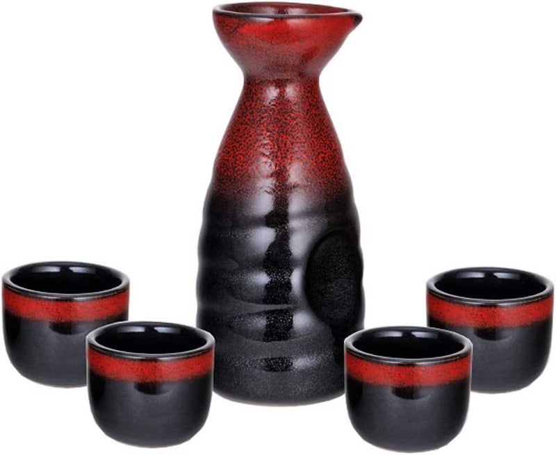 Happy Sales Happy Sales 5 piece Ceramic Sake Set  Red  Black 