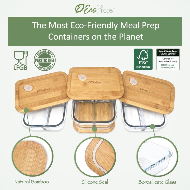 EcoPreps Glass Bento Box Containers with Bamboo Lids, 3 Compartment Glass Meal Prep Containers (3 Pack) - 100% Plastic Free, Eco-Friendly Lunch Container Set, Bamboo Lid Bento Boxes for Adults - Image 2