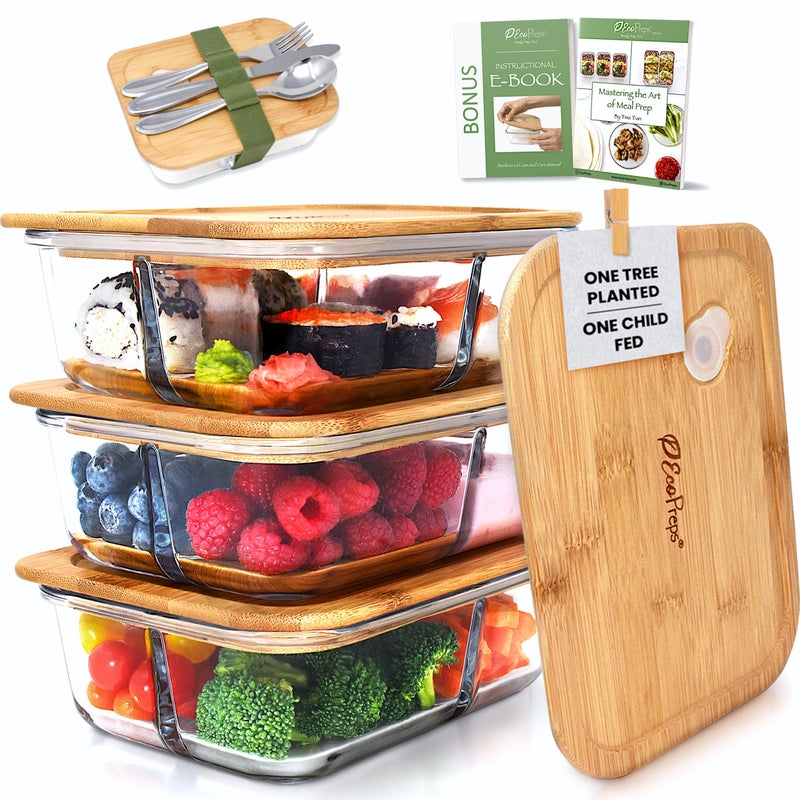 EcoPreps Glass Bento Box Containers with Bamboo Lids, 3 Compartment Glass Meal Prep Containers (3 Pack) - 100% Plastic Free, Eco-Friendly Lunch Container Set, Bamboo Lid Bento Boxes for Adults - Image 1
