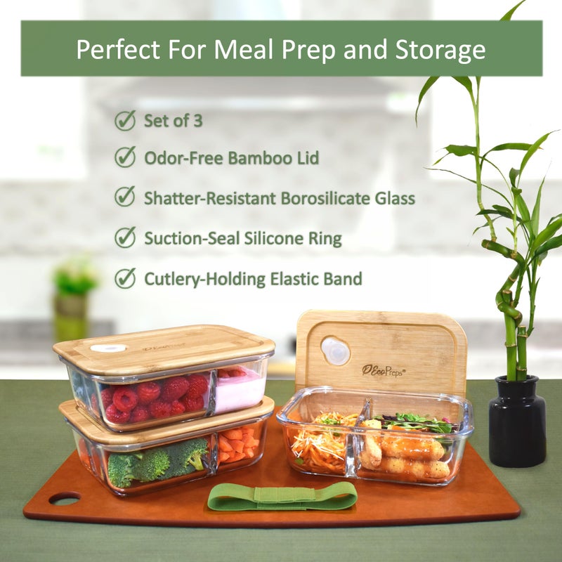EcoPreps Glass Bento Box Containers with Bamboo Lids, 3 Compartment Glass Meal Prep Containers (3 Pack) - 100% Plastic Free, Eco-Friendly Lunch Container Set, Bamboo Lid Bento Boxes for Adults - Image 3