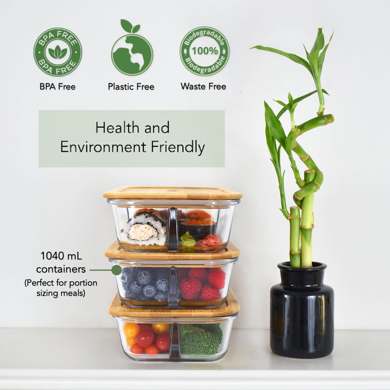 EcoPreps Glass Bento Box Containers with Bamboo Lids, 3 Compartment Glass Meal Prep Containers (3 Pack) - 100% Plastic Free, Eco-Friendly Lunch Container Set, Bamboo Lid Bento Boxes for Adults - Image 5