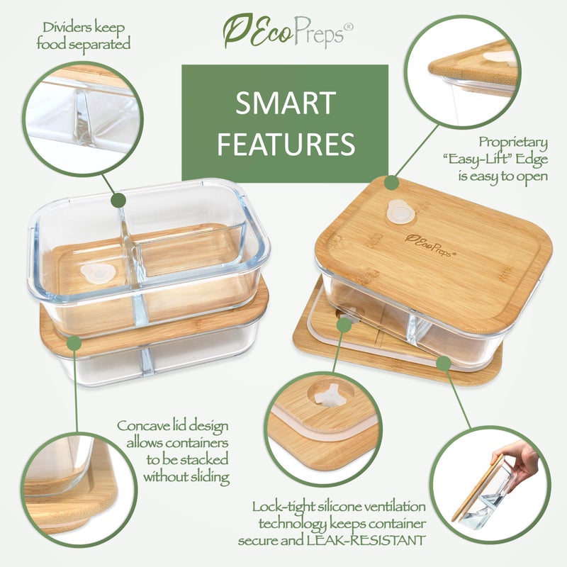 EcoPreps Glass Bento Box Containers with Bamboo Lids, 3 Compartment Glass Meal Prep Containers (3 Pack) - 100% Plastic Free, Eco-Friendly Lunch Container Set, Bamboo Lid Bento Boxes for Adults - Image 4