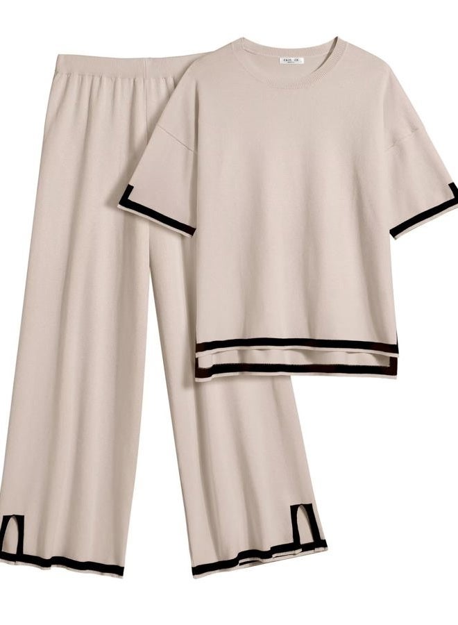 Ekouaer Lounge Sets for Women 2 Piece Outfits Knit Short Sleeve Pullover Tops Wide Leg Pants Casual Sweater Sets Tracksuits - Image 1