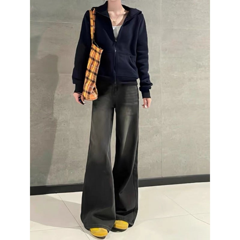 Black And Gray Wide-Leg Flared Jeans For Women, 2025 Style, Fleece-Lined, Thickened, High-Waisted, Loose Straight-Leg Floor-Length Pants - Image 4