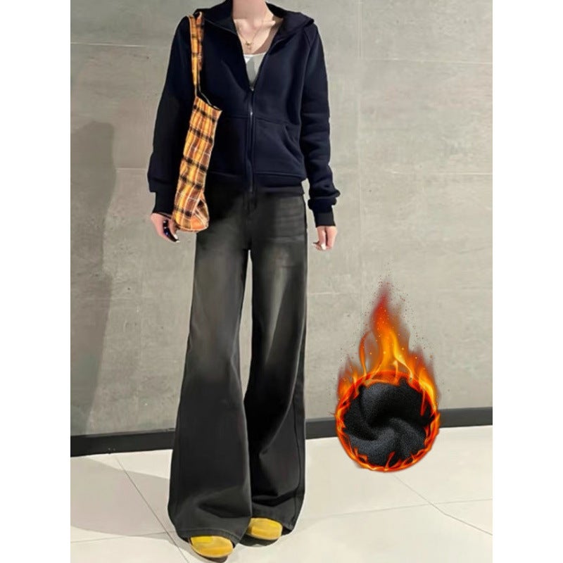 Black And Gray Wide-Leg Flared Jeans For Women, 2025 Style, Fleece-Lined, Thickened, High-Waisted, Loose Straight-Leg Floor-Length Pants - Image 3