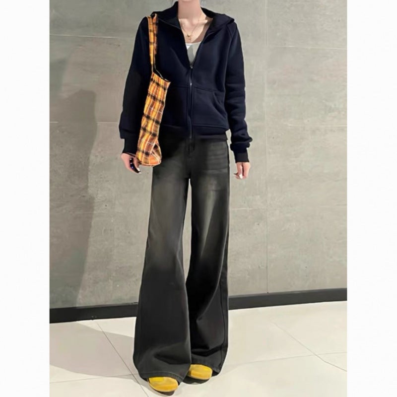 Black And Gray Wide-Leg Flared Jeans For Women, 2025 Style, Fleece-Lined, Thickened, High-Waisted, Loose Straight-Leg Floor-Length Pants - Image 2