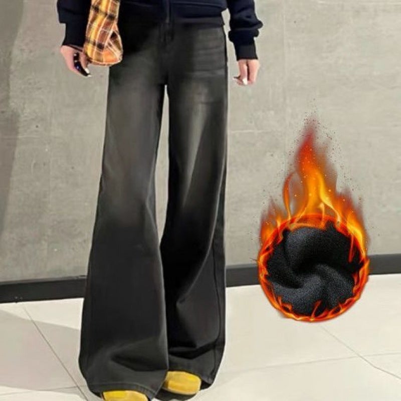 Black And Gray Wide-Leg Flared Jeans For Women, 2025 Style, Fleece-Lined, Thickened, High-Waisted, Loose Straight-Leg Floor-Length Pants - Image 1