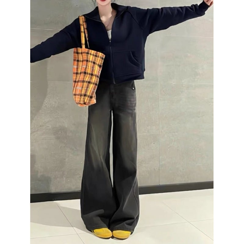 Black And Gray Wide-Leg Flared Jeans For Women, 2025 Style, Fleece-Lined, Thickened, High-Waisted, Loose Straight-Leg Floor-Length Pants - Image 5