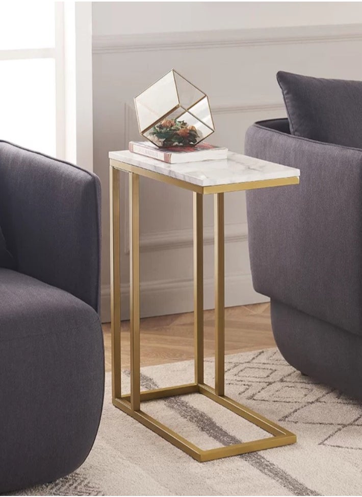 woodx Gold Frame C-Shaped Faux Marble Side Table – Compact Bedside End Table  - Image 2