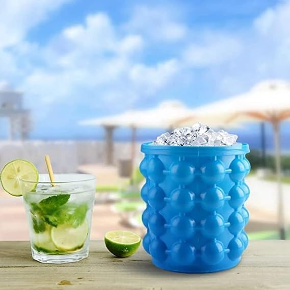 Ice Cube Maker Mould Ice Tray, Silicone Ice Bucket, (2 in 1) Ice-Ball Makers for Home, Round Portable Ice Bucket for Frozen Whiskey, Space Saving Ice Cube Maker for Party