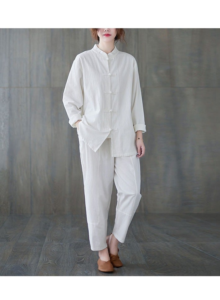 طقم بدلة تانغ صيني من القطن والكتان 9060 أبيض بأكمام طويلة 【بدلة】