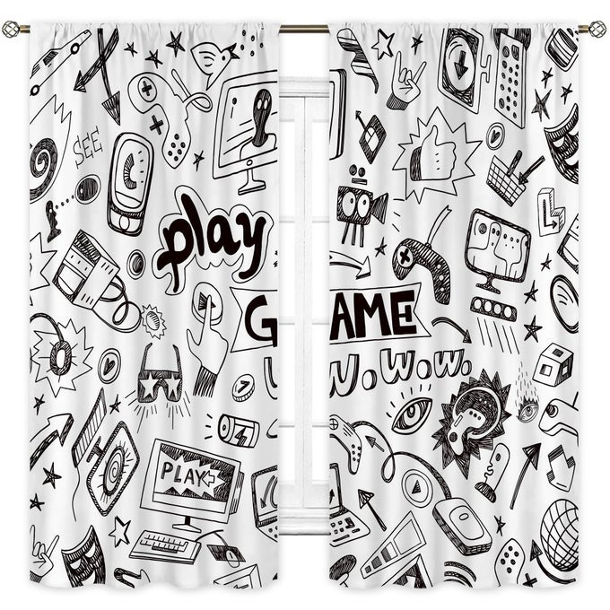 BLACK AND WHITE CURTAINS FOR BOYS BEDROOM 42W X 63L INCH ROD POCKET GAMER ROOM DECOR FOR BOYS KIDS VIDEO GAMES PRINTED GAMING WALL ART TEENS BEDROOM LIVING ROOM WINDOW DRAPES FABRIC 2 PANELS