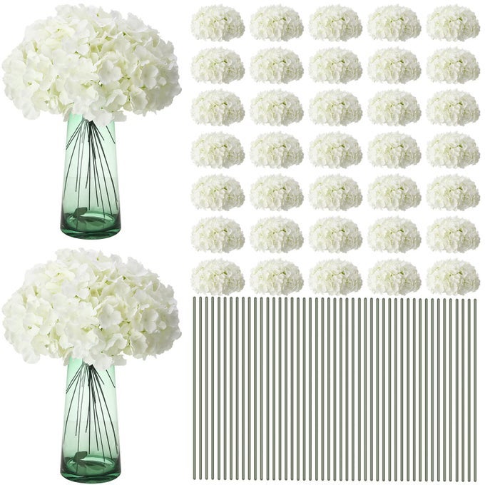 100 PIECES SILK HYDRANGEA ARTIFICIAL FLOWERS HEADS WITH STEMS FULL HYDRANGEA FLOWERS FOR WEDDING CENTERPIECES BOUQUETS DIY FLORAL DECORATIONS FOR HOME INDOOR WHITE