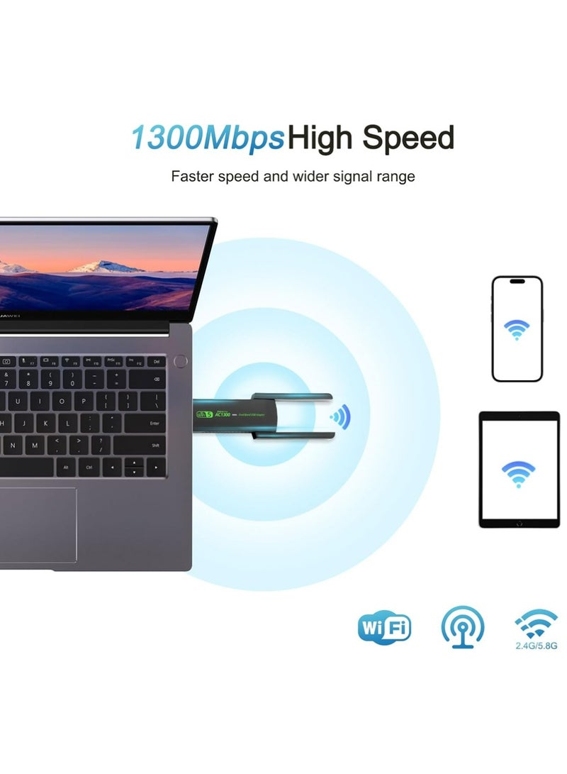 X-level USB WiFi Adapter,AC1300Mbps Dual Band 5dBi High Gain Antenna 2.4GHz/ 5GHz Wireless Network Adapter for PC，Supports Windows /8/10/11 - Image 3