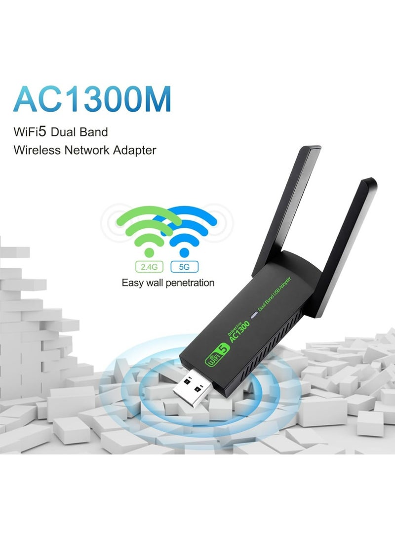 X-level USB WiFi Adapter,AC1300Mbps Dual Band 5dBi High Gain Antenna 2.4GHz/ 5GHz Wireless Network Adapter for PC，Supports Windows /8/10/11 - Image 2
